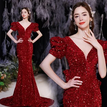 Raudona Blizgančių Stilingas, Blizgančiais Mermaid Dress Moterų Elegantiškas Sluoksniuotos Rankovėmis Cheongsam Elegantiškas Qipao Derliaus Ilgas Chalatas De Soiree